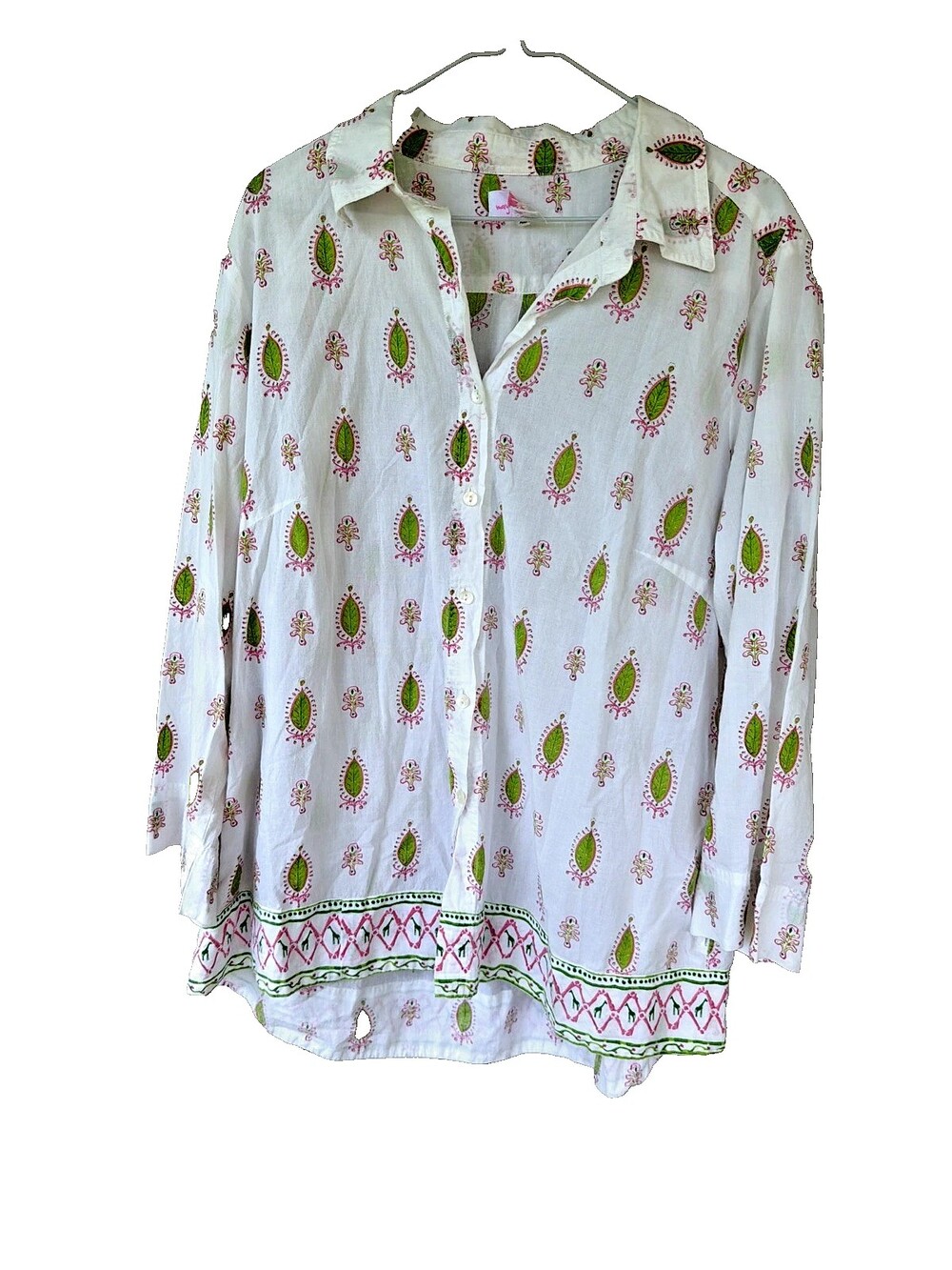 Mary Marshmallow Tunic Batik Pink and Green BOHO Button Down 100% Cotton Sz XXL